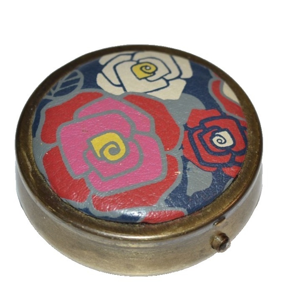 Fossil Decorative Pill Box Trinket Case Metal Leather top floral Estate find